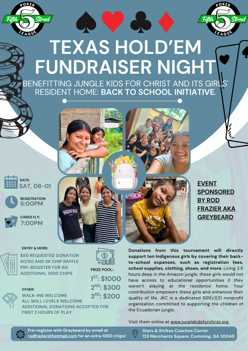Texas Hold'em Fundraiser Benefiting Jungle Kids for Christ - Stars and Strikes at 5thstreetpoker.com